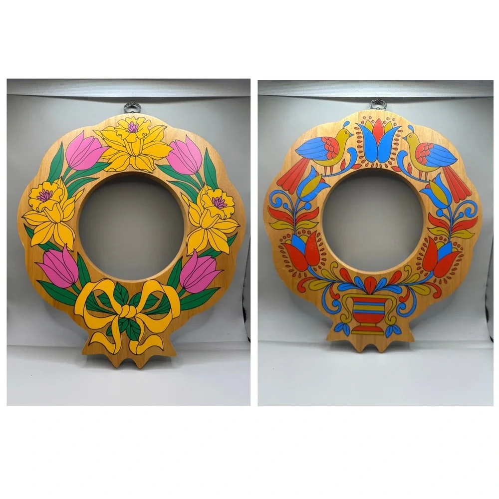 Double Sided‎ Wooden Dutch Folk Art Wreath Handpainted Floral Bird 13x12